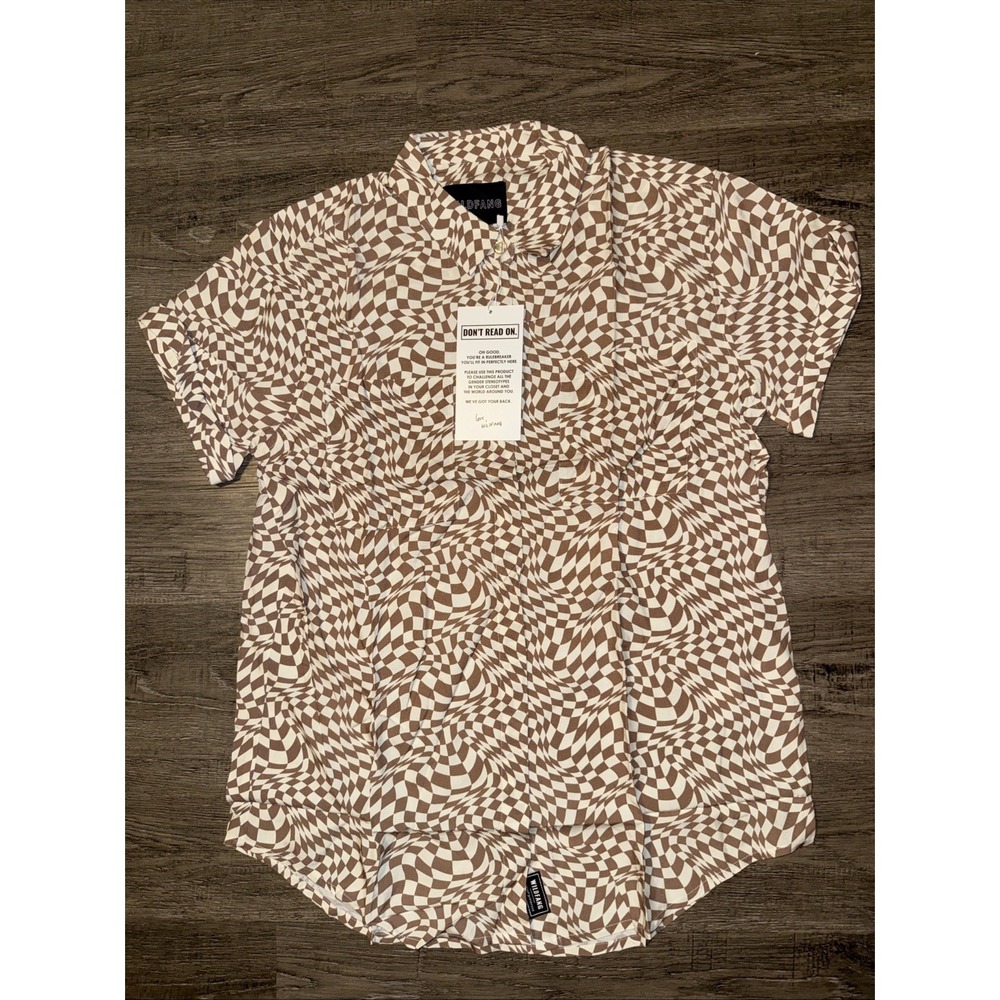 Wildfang Dizzy Check Button Up Shirt S Short Sleeve White Tan Retro